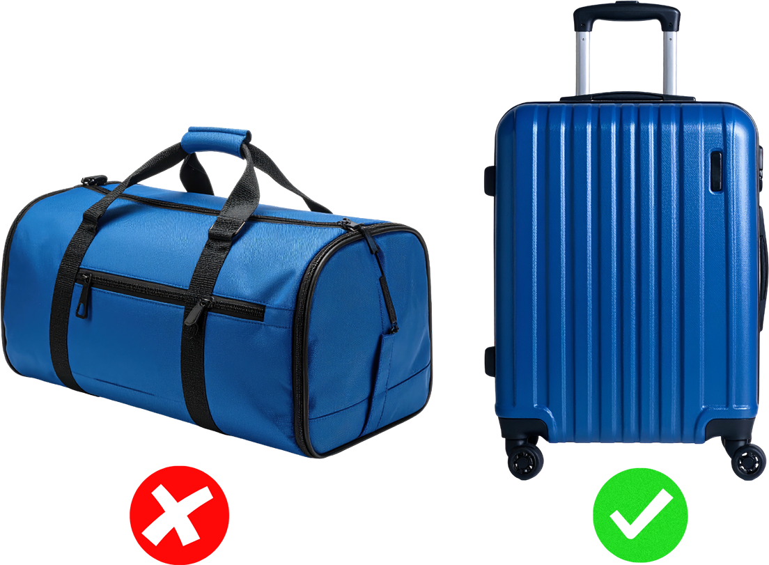 Blue duffel bag on the left with a red X (incorrect) and a blue hard-shell rolling suitcase on the right with a green check (correct).