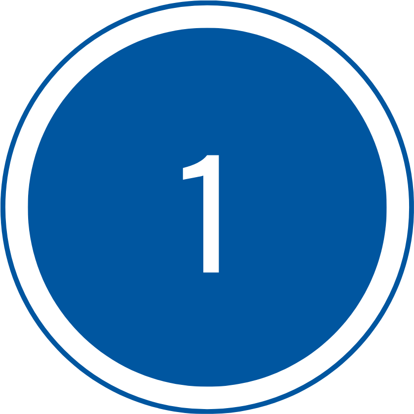 Blue circular badge with a white number 1 and a double blue ring outline, indicating step one